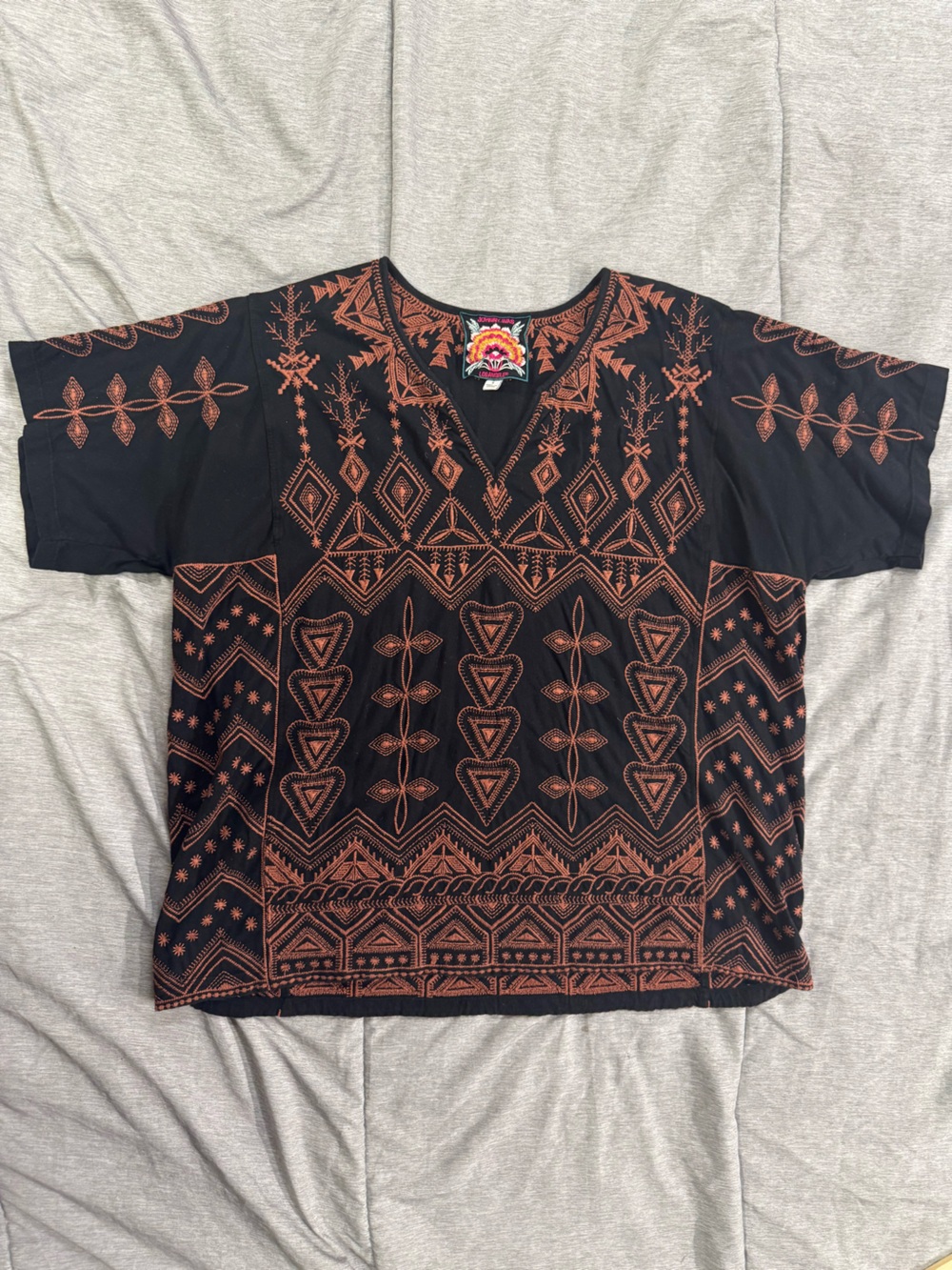 Johnny Was Black Short-Sleeve Shirt with Rust Embroidery